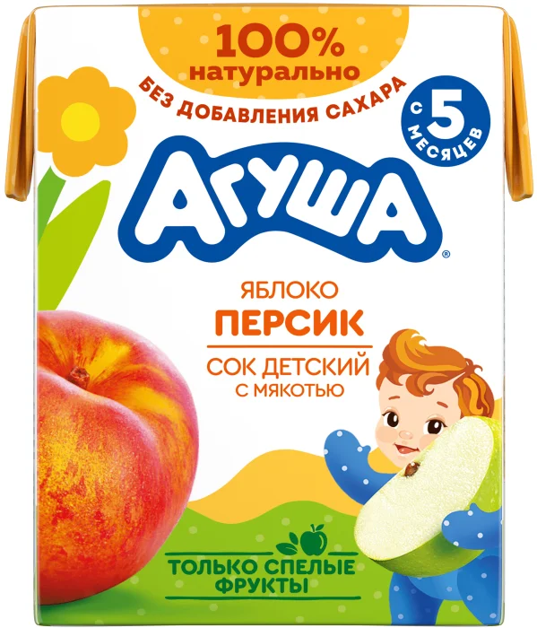 СОК АГУША ЯБЛОКО-ПЕРСИК С МЯКОТЬЮ 5+ 200МЛ